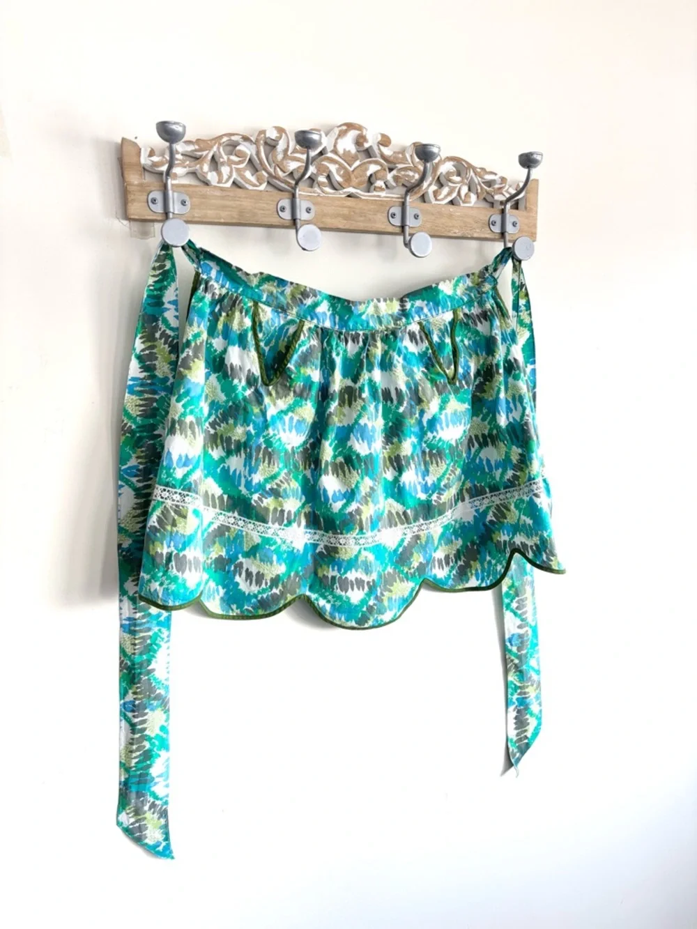 Vintage Handmade Half Tie Back Apron With Pockets 1960s Blue and Green Print